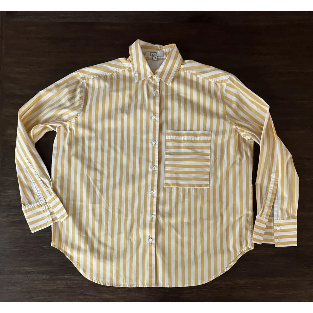 AYR The Deep End Shirt Womens XS Yellow Stripe Button Relaxed Long Sleeve - Picture 2 of 8